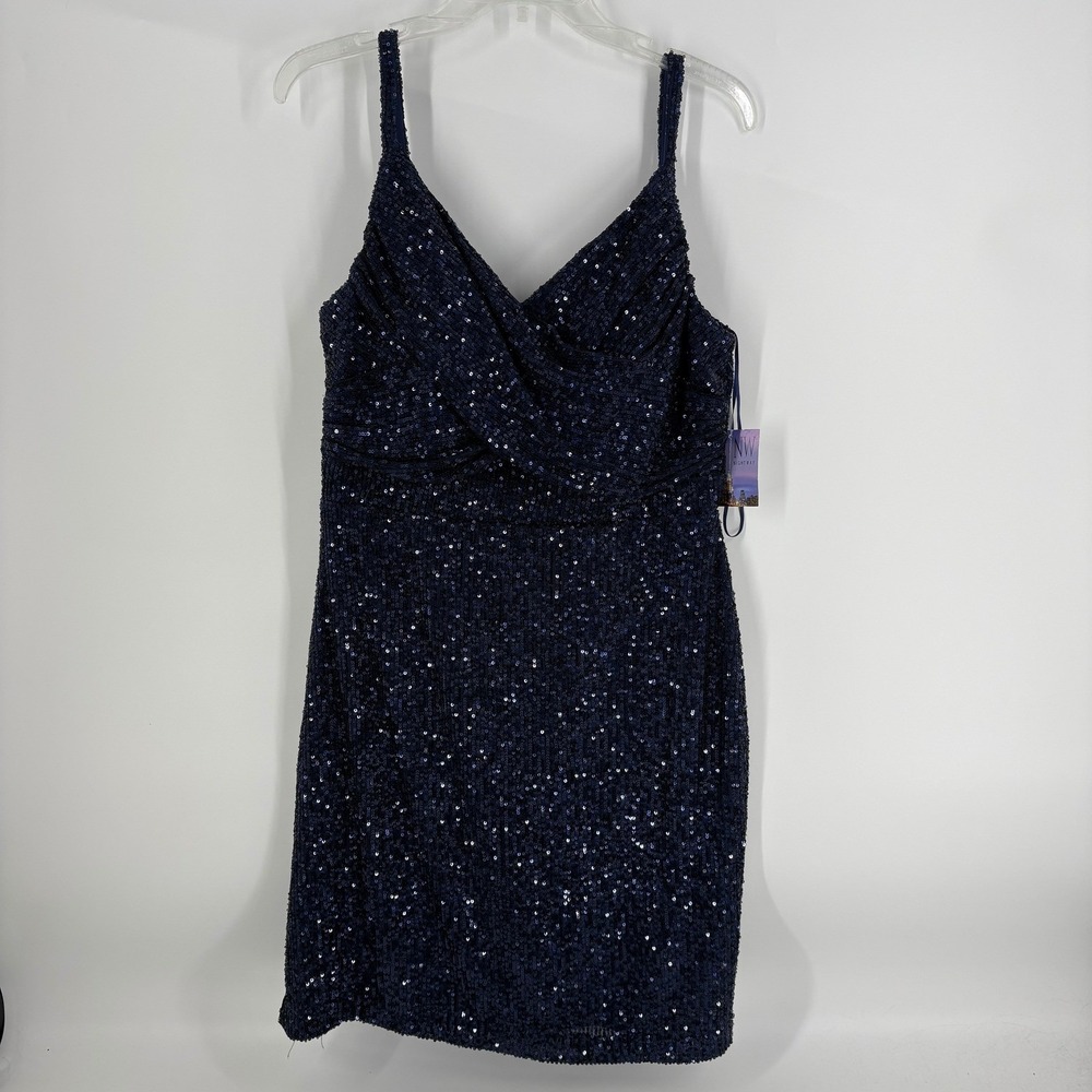 Nightway Navy Blue Sequin V Neck Spaghetti Strap Cocktail Dress Size 12